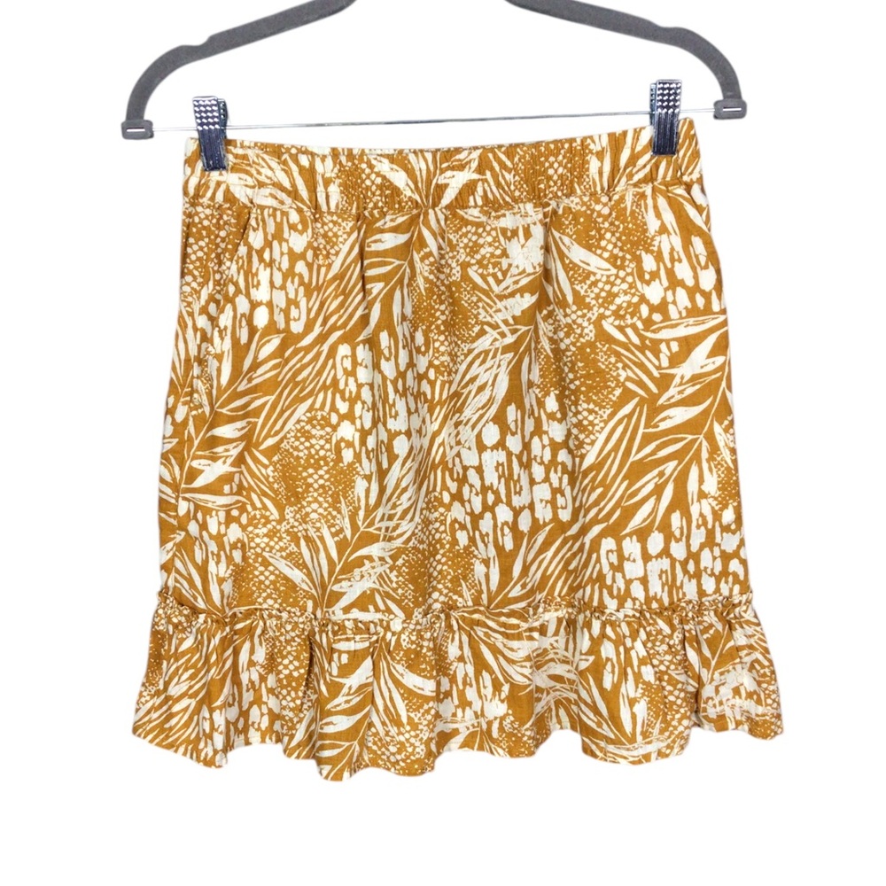 Christian Siriano Linen Skirt Small Elastic Waist Ruffle Pockets Botanical